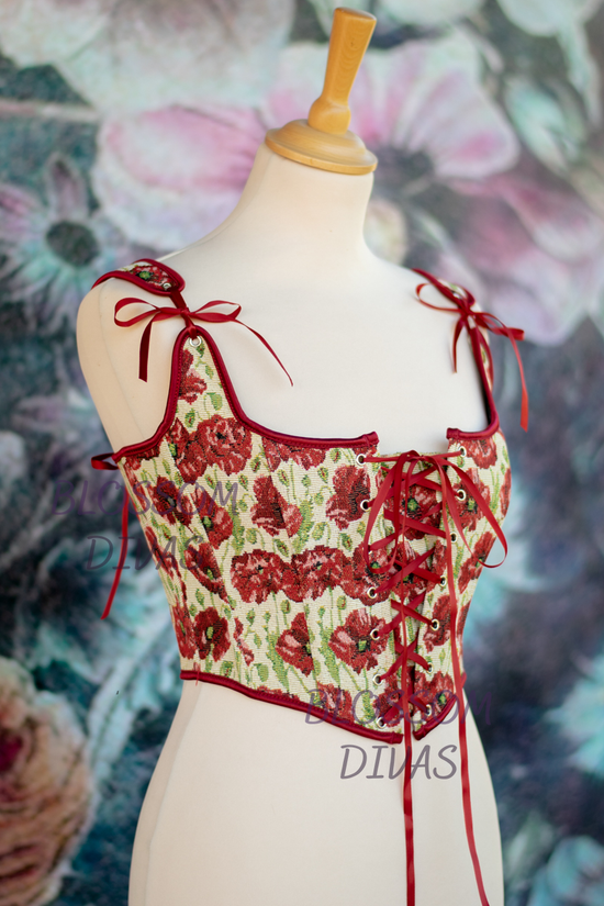 Red Poppy Field Overbust Front Lace-up Corset