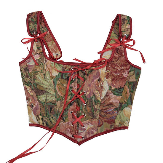 Red Peony Garden Overbust Front Lace-up Corset