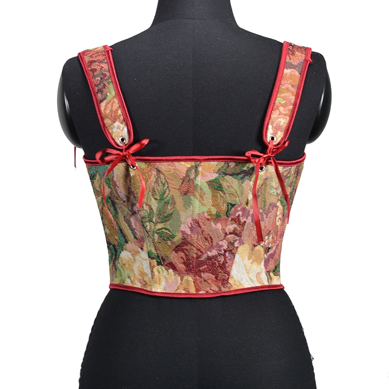 Red Peony Garden Overbust Front Lace-up Corset